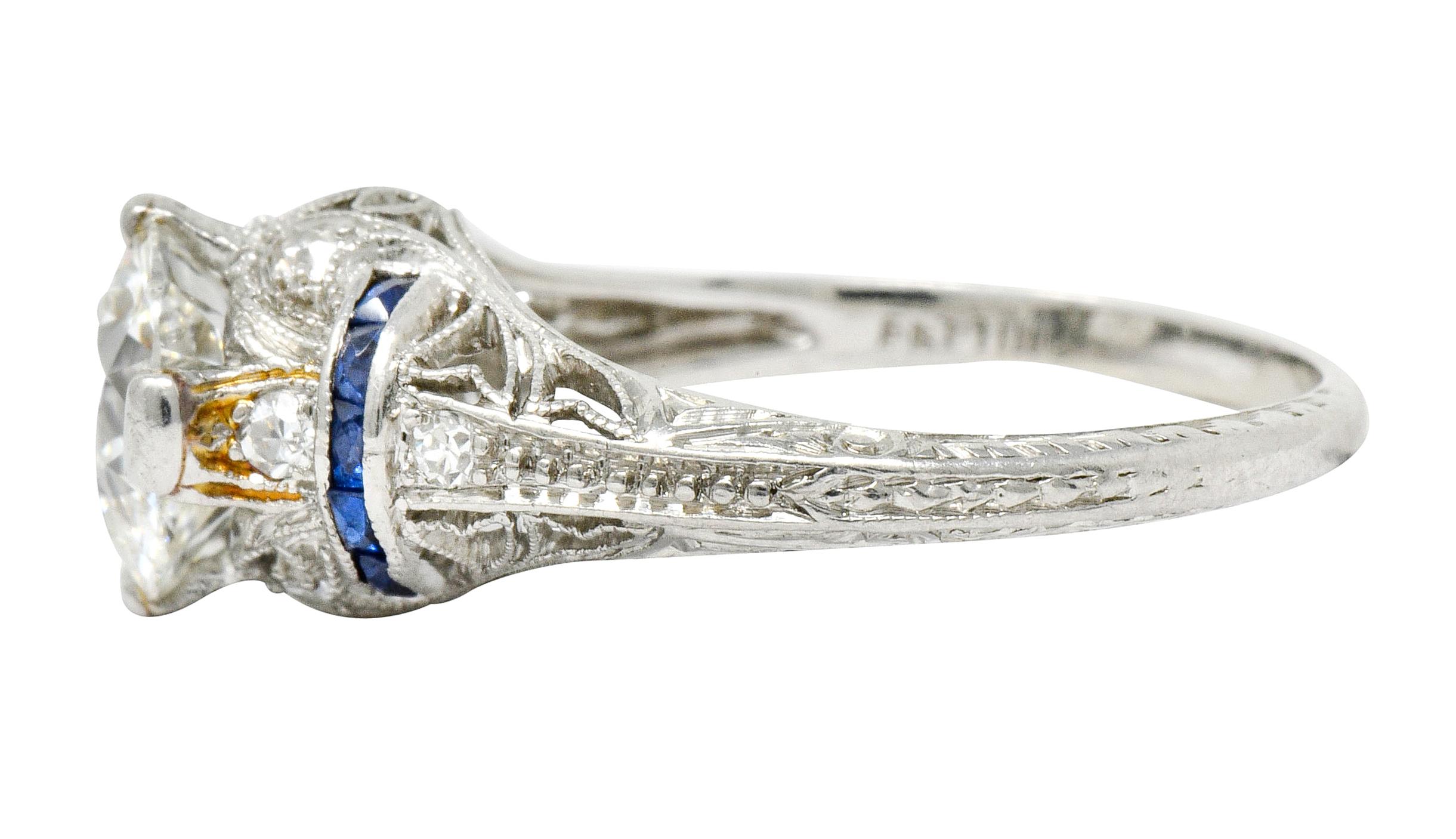 Art Deco 1.45 Carat Diamond Sapphire Platinum Engagement Ring In Excellent Condition In Philadelphia, PA