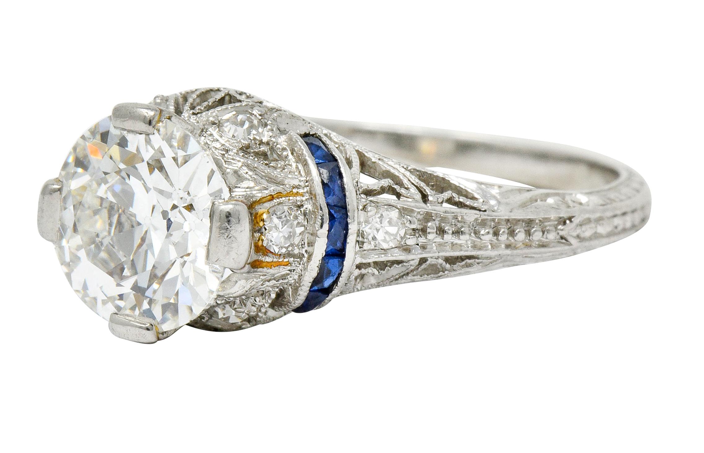 Women's or Men's Art Deco 1.45 Carat Diamond Sapphire Platinum Engagement Ring
