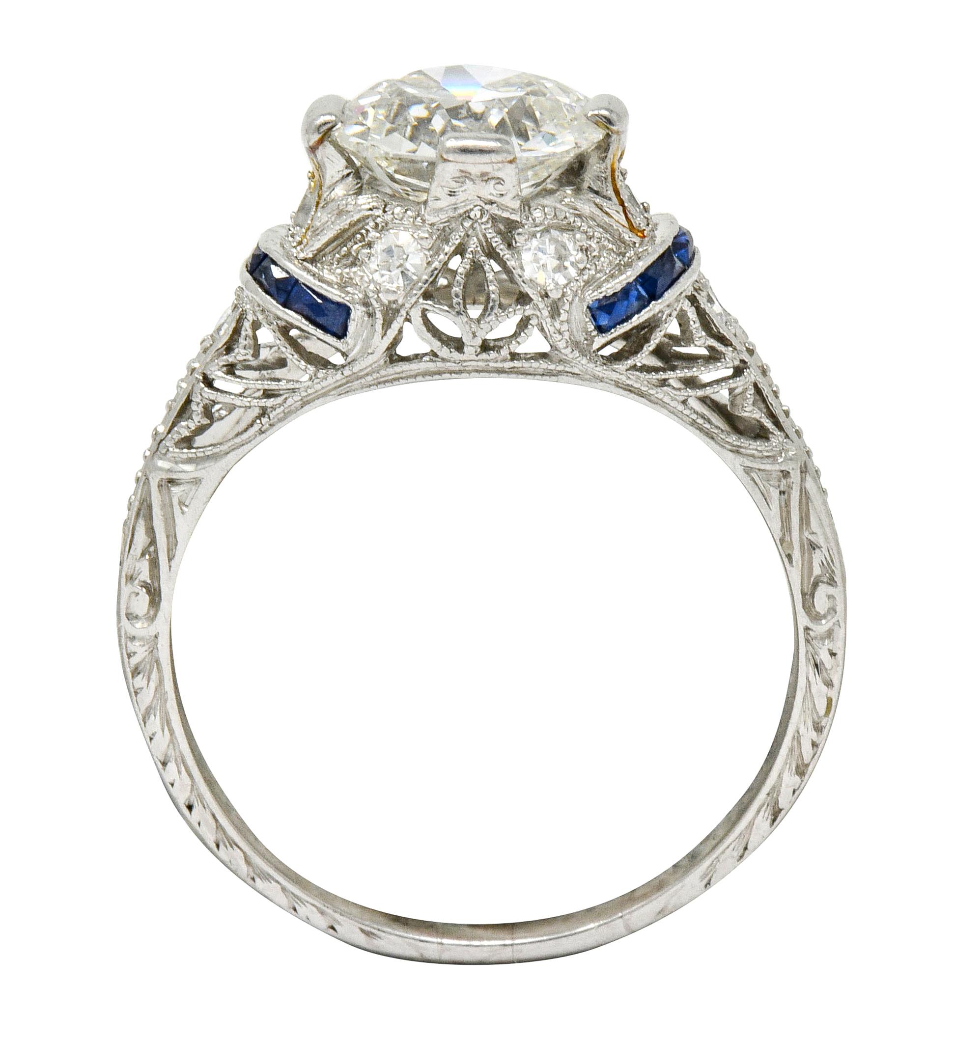 Art Deco 1.45 Carat Diamond Sapphire Platinum Engagement Ring 2