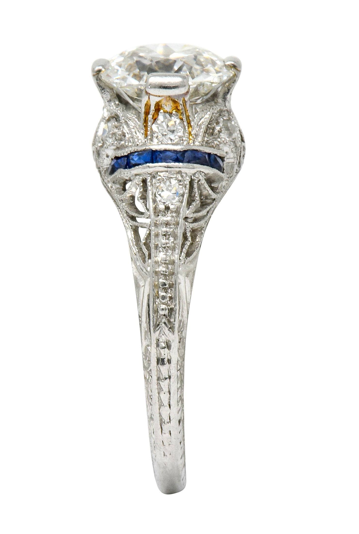 Art Deco 1.45 Carat Diamond Sapphire Platinum Engagement Ring 3