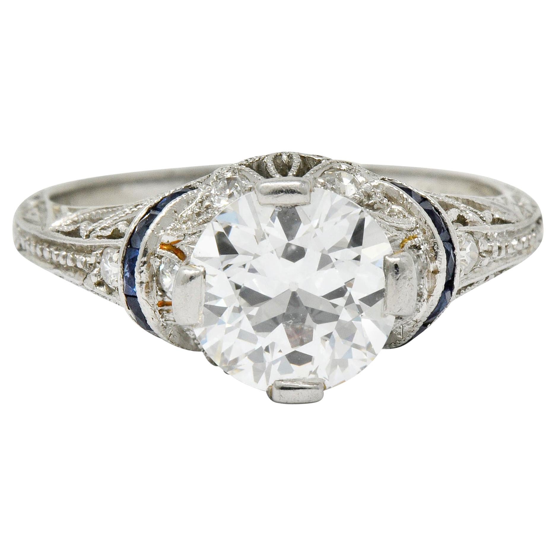 Art Deco 1.45 Carat Diamond Sapphire Platinum Engagement Ring