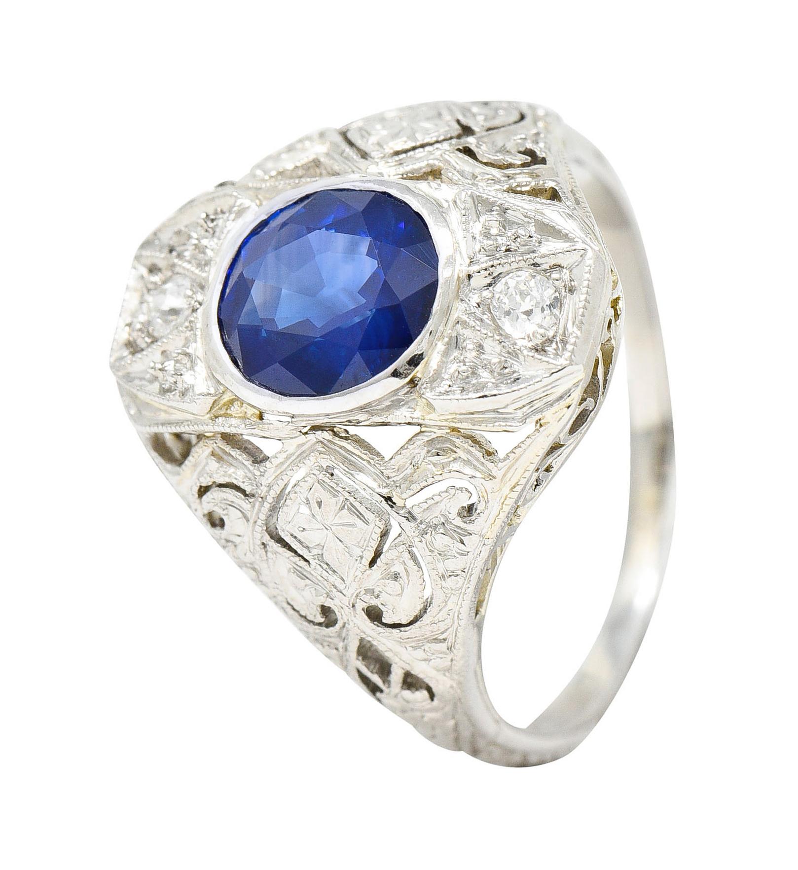 Art Deco 1.45 Carat Sapphire Diamond Platinum 18 Karat White Gold Dinner Ring 5