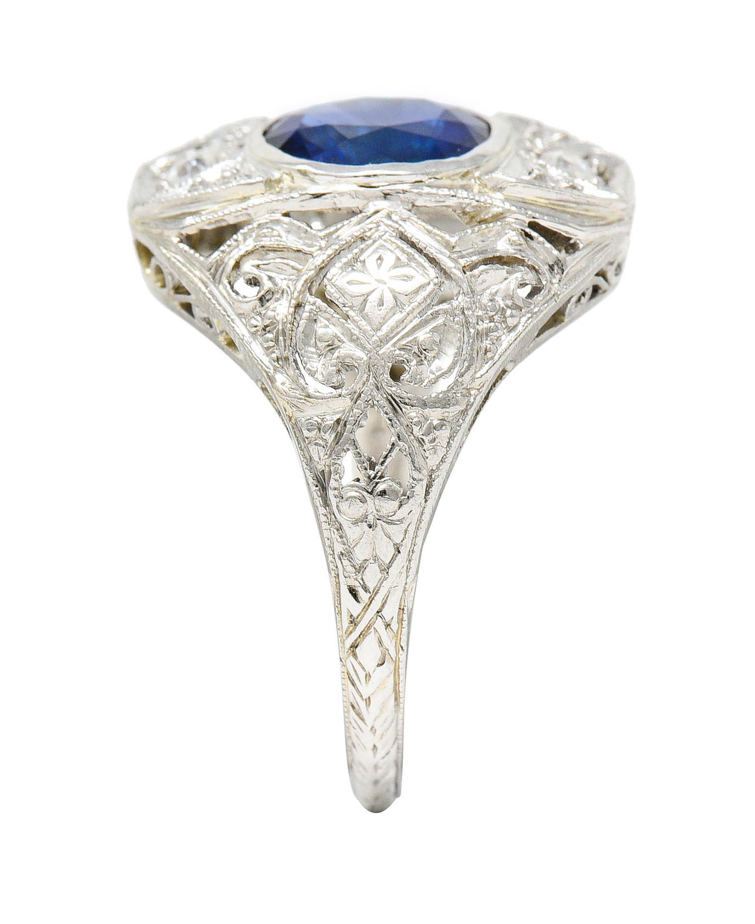 Art Deco 1.45 Carat Sapphire Diamond Platinum 18 Karat White Gold Dinner Ring 6