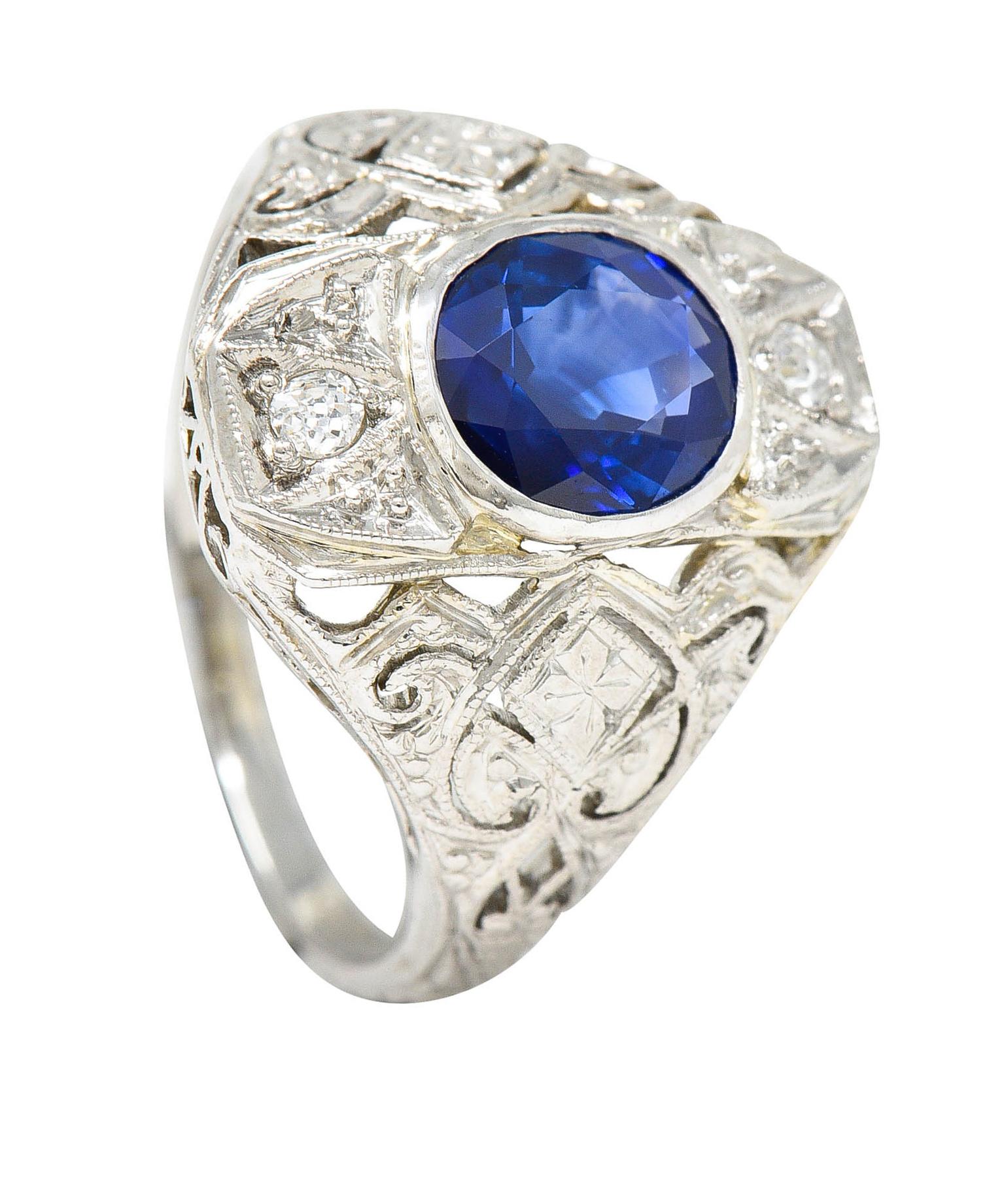 Art Deco 1.45 Carat Sapphire Diamond Platinum 18 Karat White Gold Dinner Ring 8