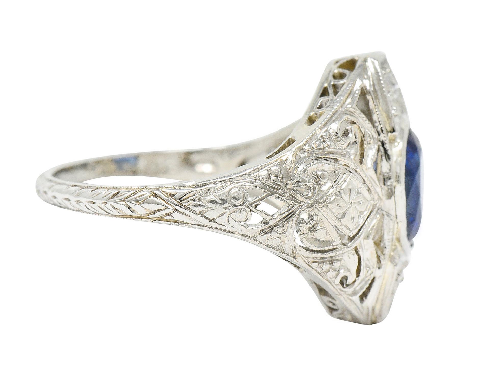 Old European Cut Art Deco 1.45 Carat Sapphire Diamond Platinum 18 Karat White Gold Dinner Ring