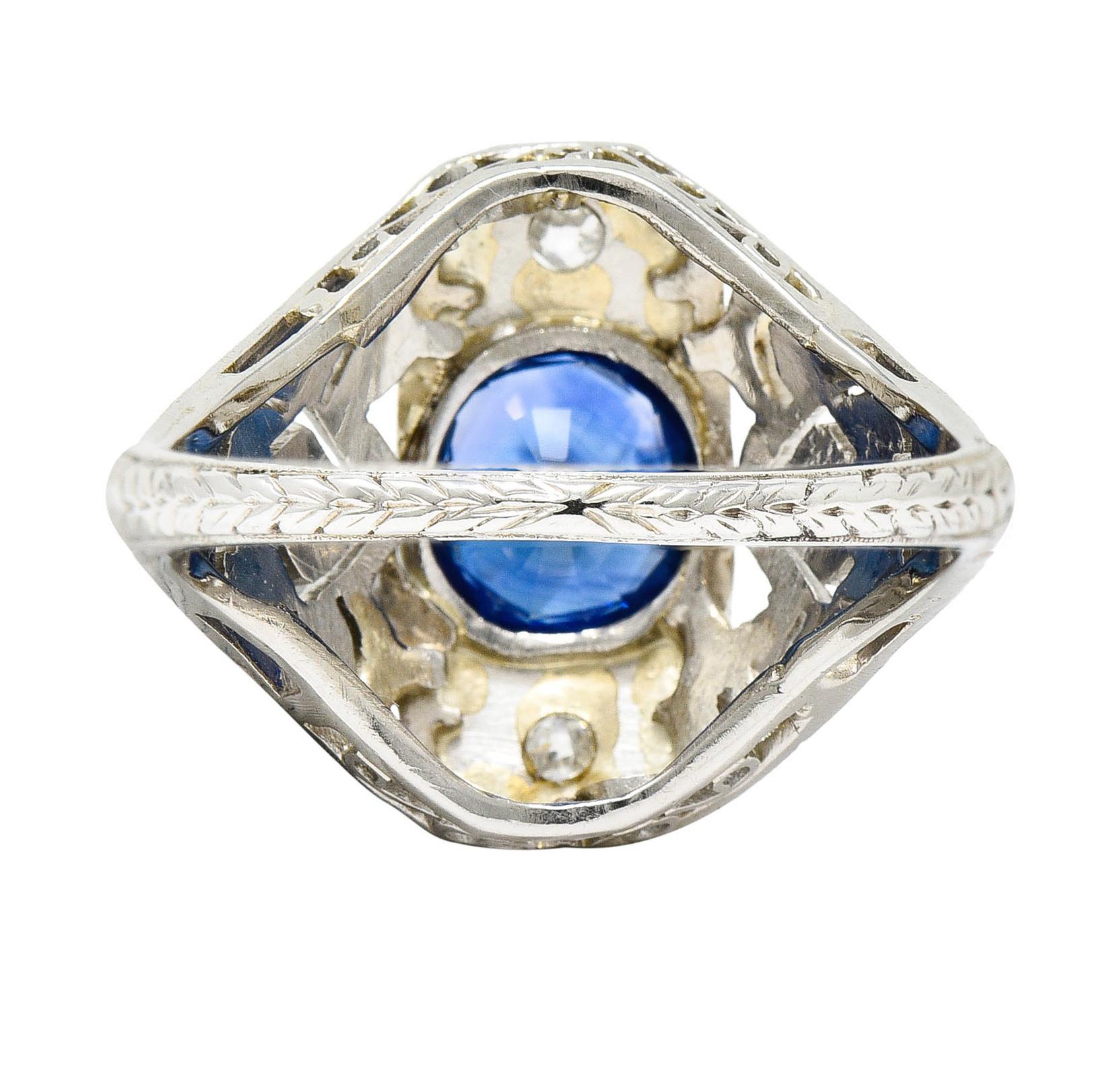 Art Deco 1.45 Carat Sapphire Diamond Platinum 18 Karat White Gold Dinner Ring In Excellent Condition In Philadelphia, PA