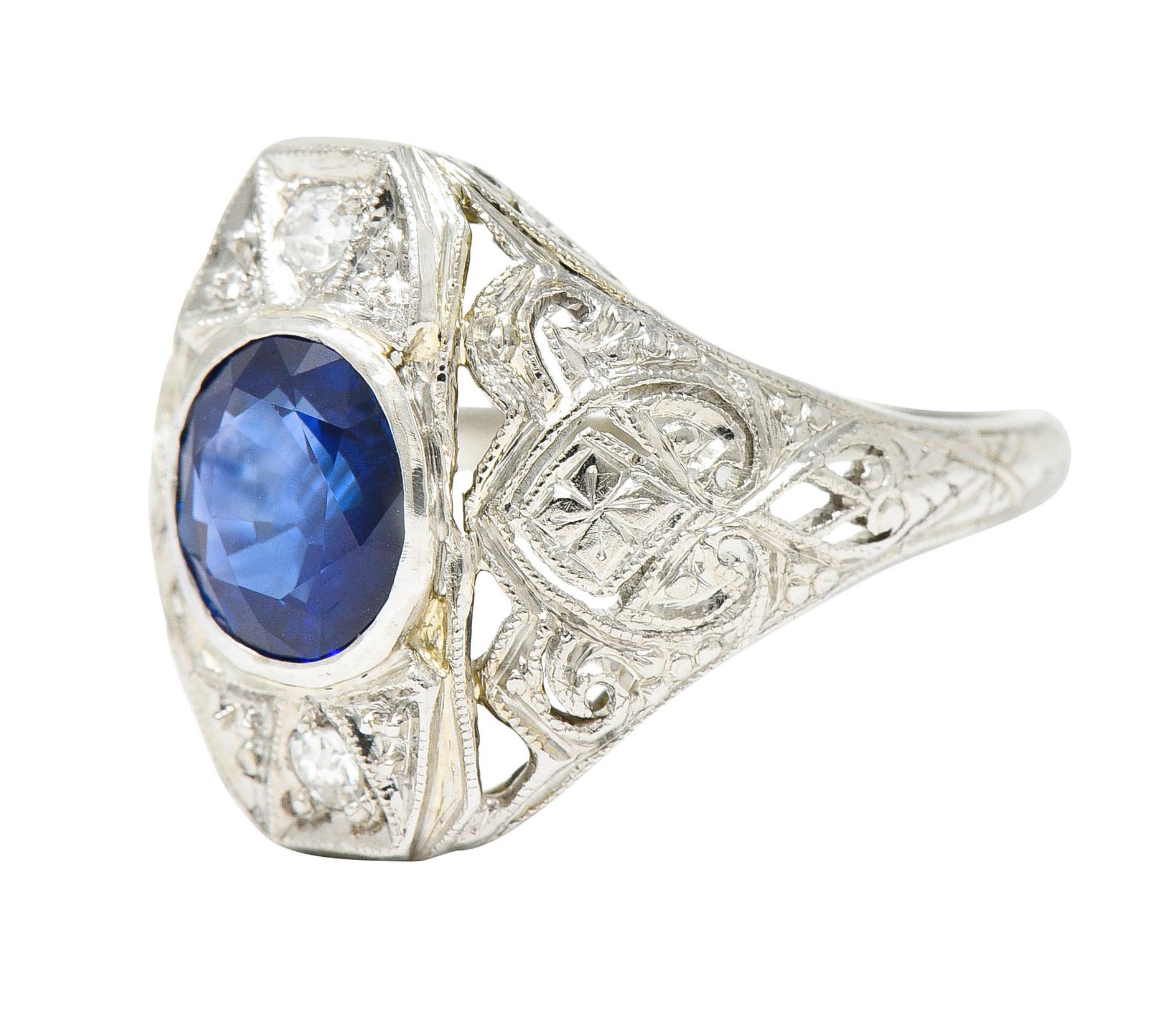 Art Deco 1.45 Carat Sapphire Diamond Platinum 18 Karat White Gold Dinner Ring 1