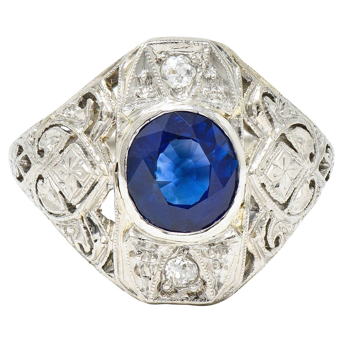 Art Deco 1.45 Carat Sapphire Diamond Platinum 18 Karat White Gold Dinner Ring