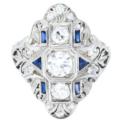 Art Deco 1.45 Carats Diamond Sapphire Platinum Dinner Ring