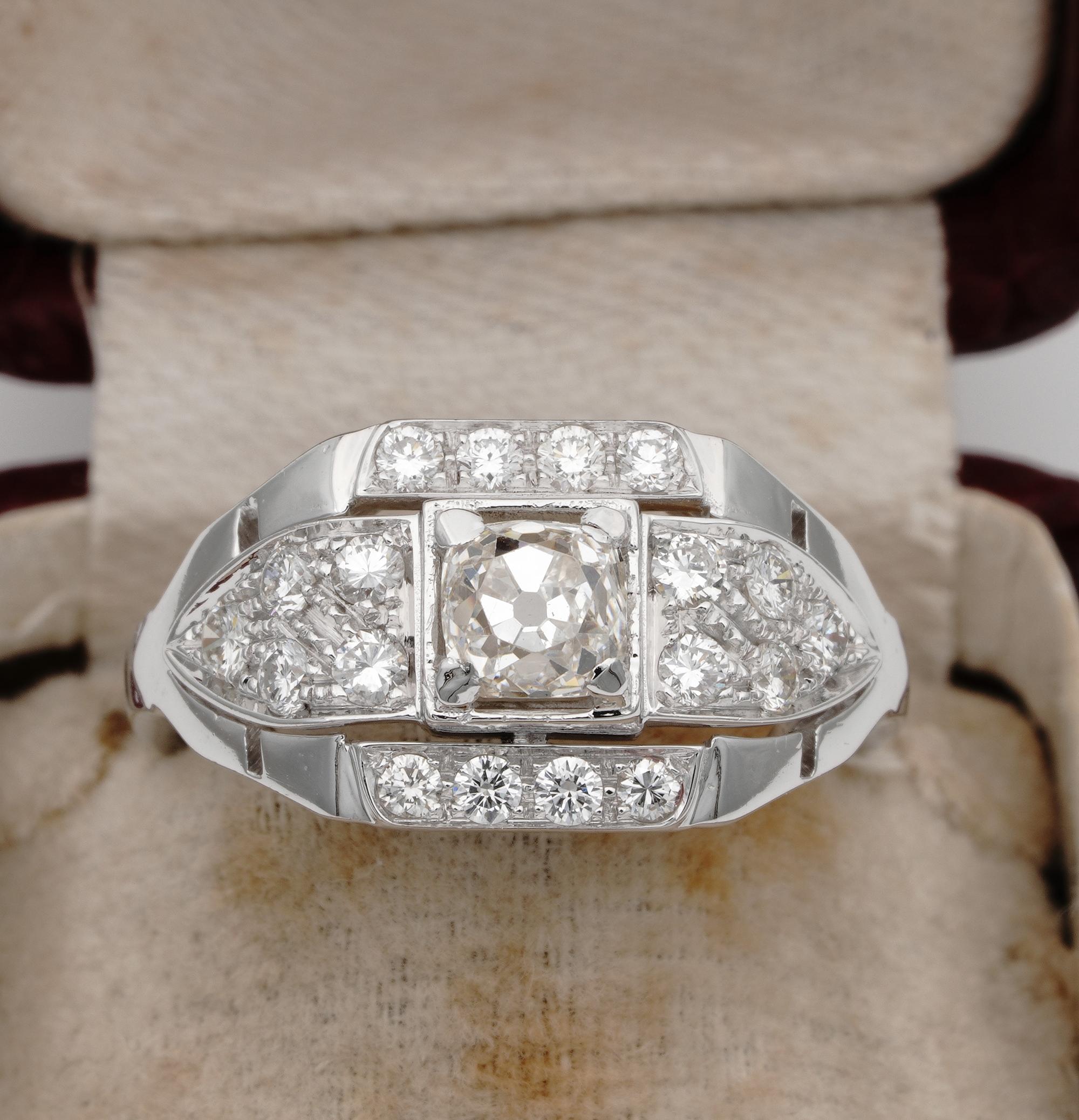 Art Deco Diamond solitaire ring, 1935 ca
Hand crafted of solid 18 KT white gold, marked
Beautiful geometric sturdy design overwhelmed by Diamonds
A centre . 85 CT old mine cut Diamond  weighted .85 Ct off mounting – diamond is rated as H/I VS – more