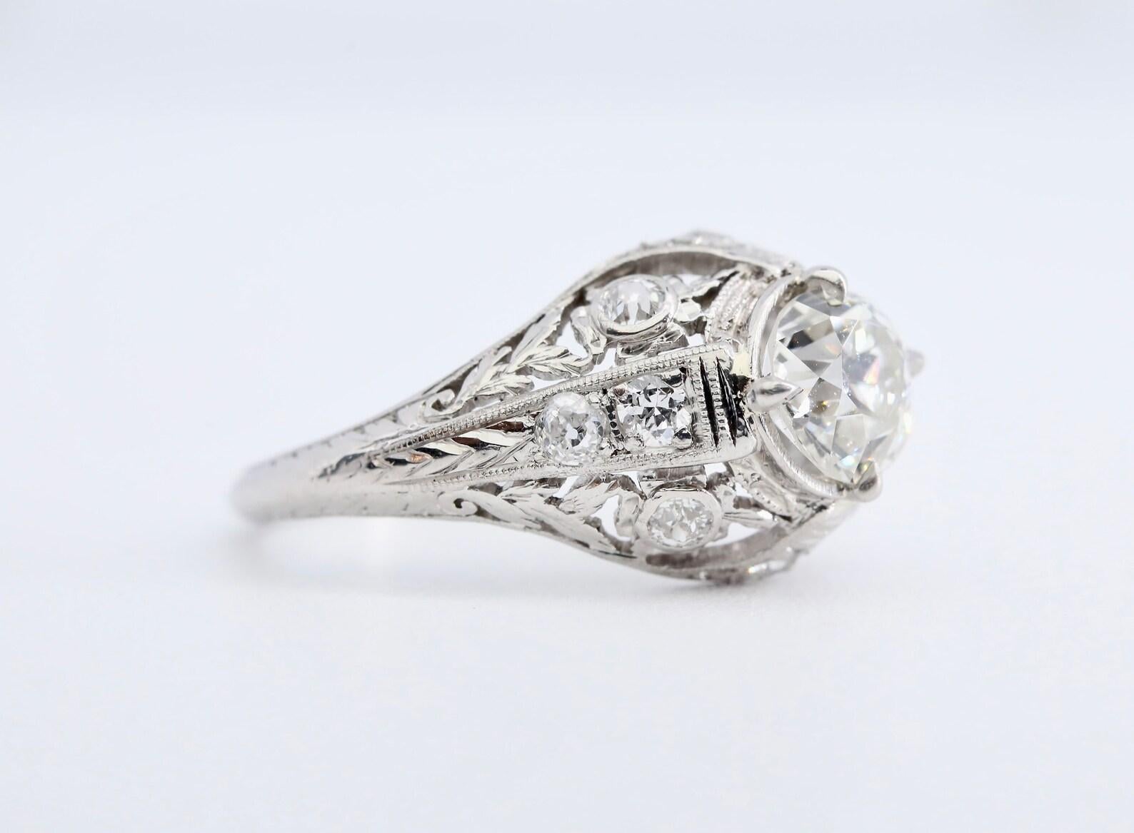 Old European Cut Art Deco 1.45ctw Diamond Floral Motif Engagement Ring in Platinum For Sale