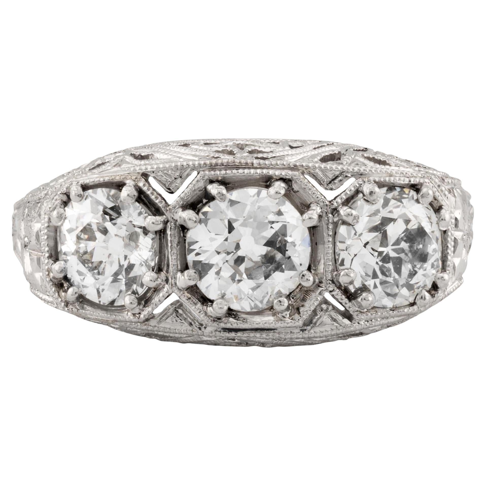 Art Deco 1.45ctw Three Stone Diamond Filigree Ring in Platinum Circa 1920's