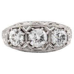 Art Deco 1.45ctw Three Stone Diamond Filigree Ring in Platinum Circa 1920's