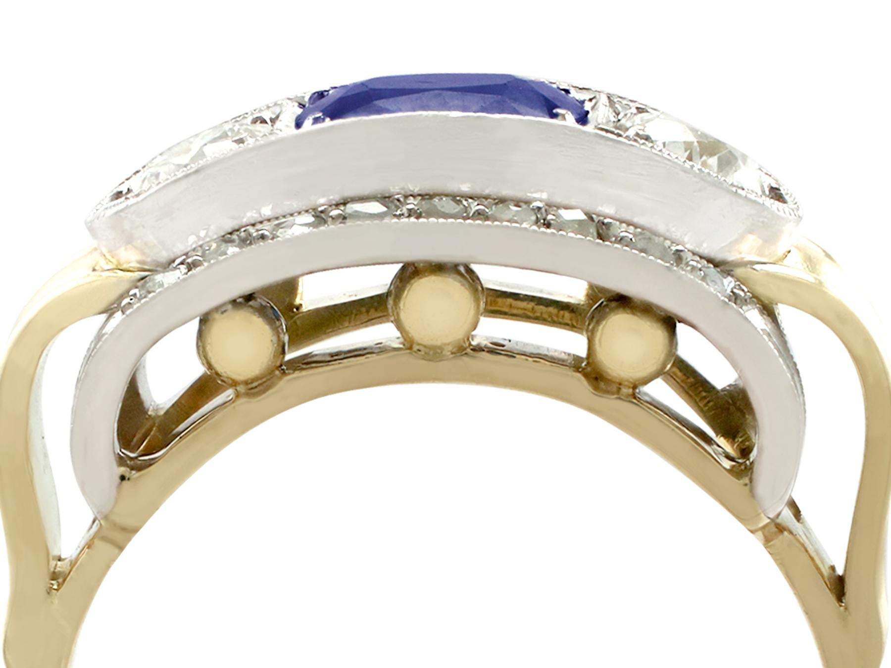 An impressive vintage Art Deco 0.97 carat sapphire and 1.46 carat diamond, 18 karat yellow and white gold dress ring; part of our diverse gemstone jewellery collections.

This stunning, fine and impressive vintage blue sapphire and diamond ring has