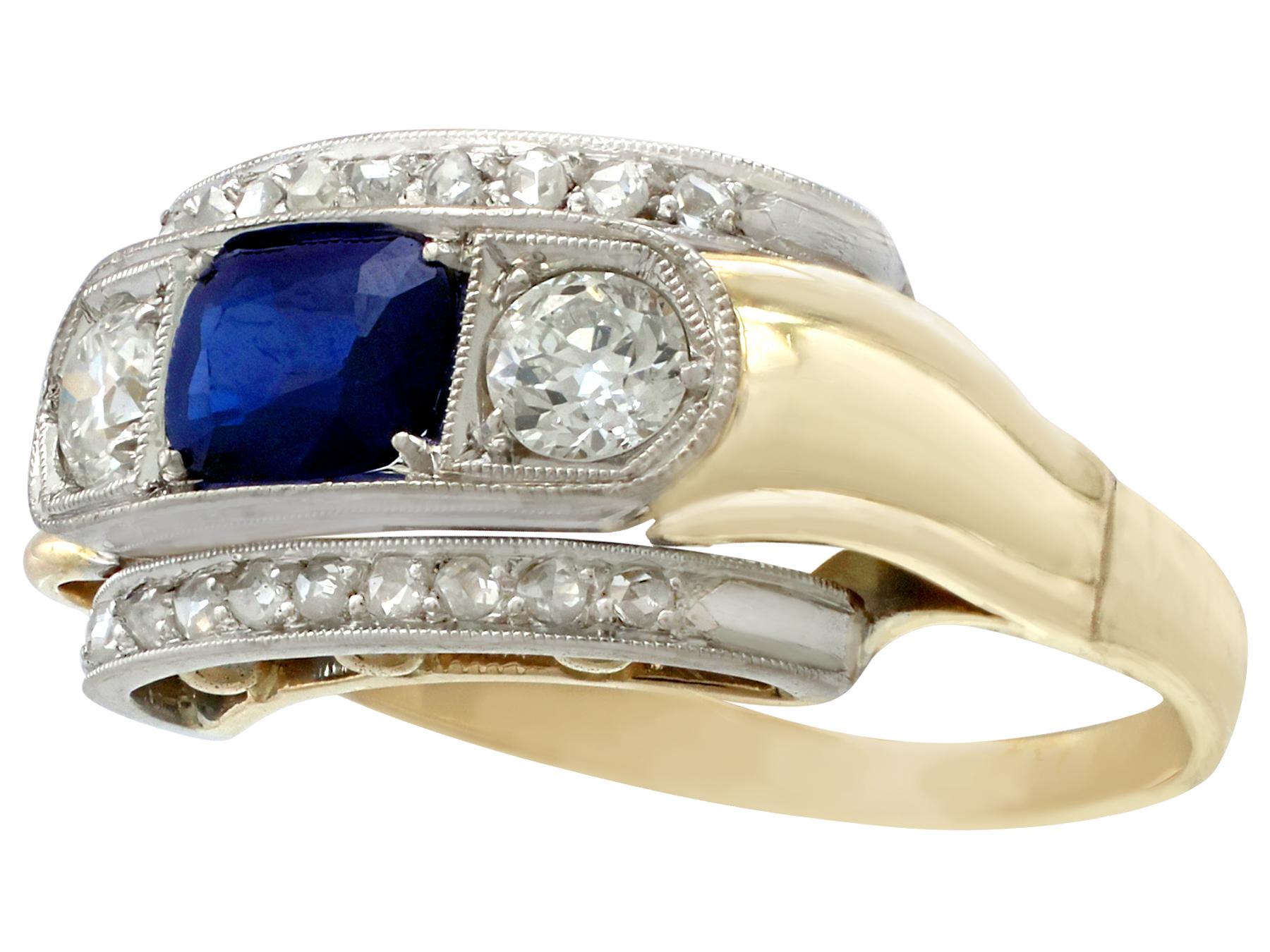 Art Deco 1.46 Carat Diamond and Sapphire Yellow Gold Dress Ring In Excellent Condition In Jesmond, Newcastle Upon Tyne