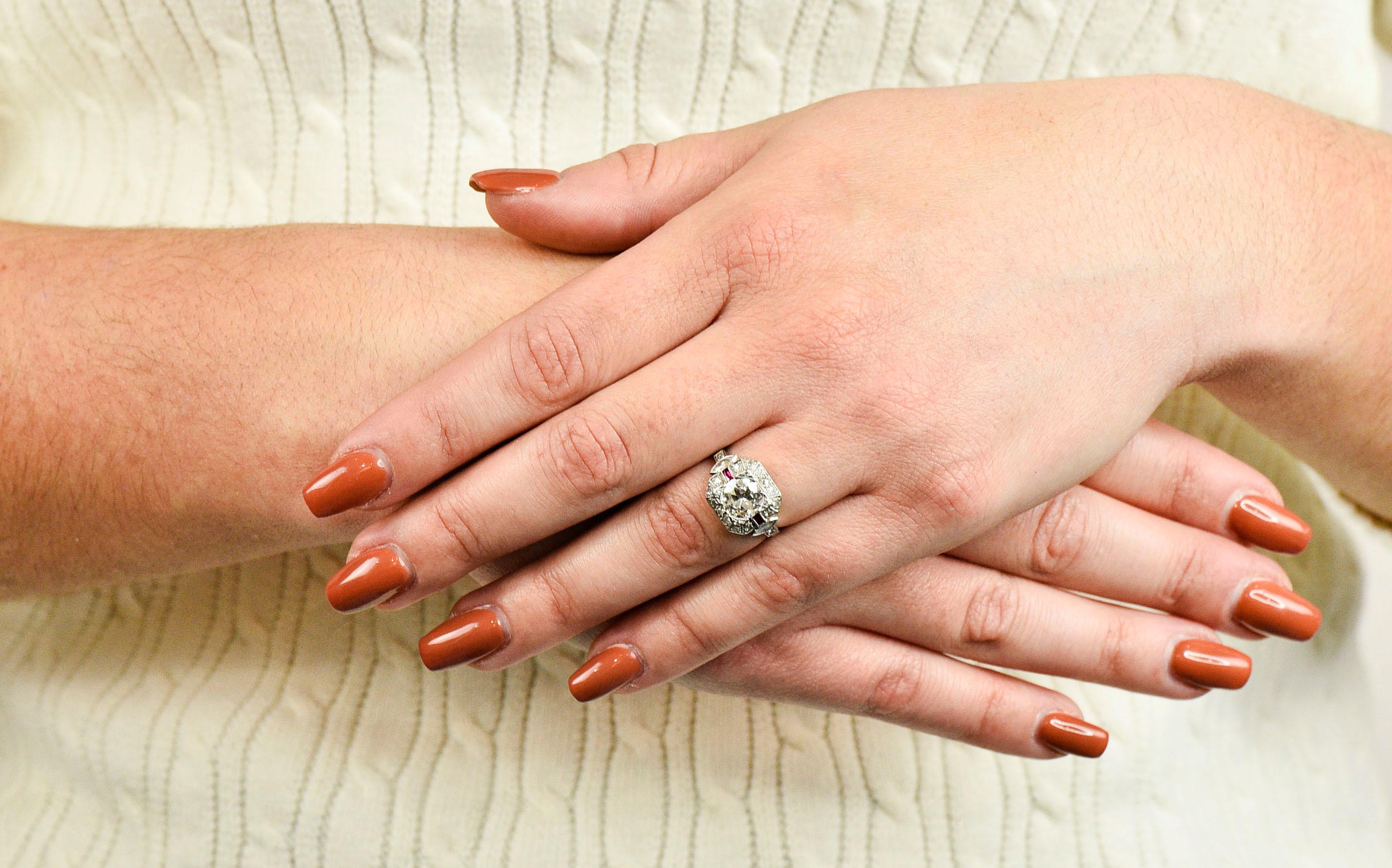 Art Deco 1.46 Carat Diamond Ruby Platinum Engagement Ring 8