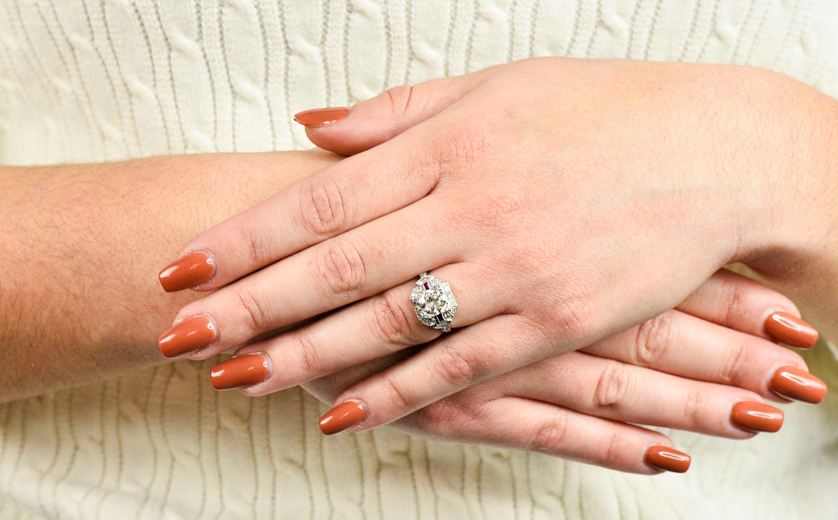 Art Deco 1.46 Carat Diamond Ruby Platinum Engagement Ring 9