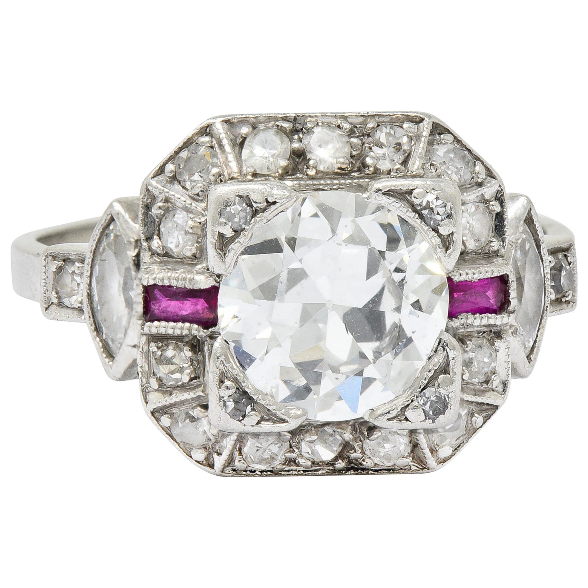 Art Deco 1.46 Carat Diamond Ruby Platinum Engagement Ring