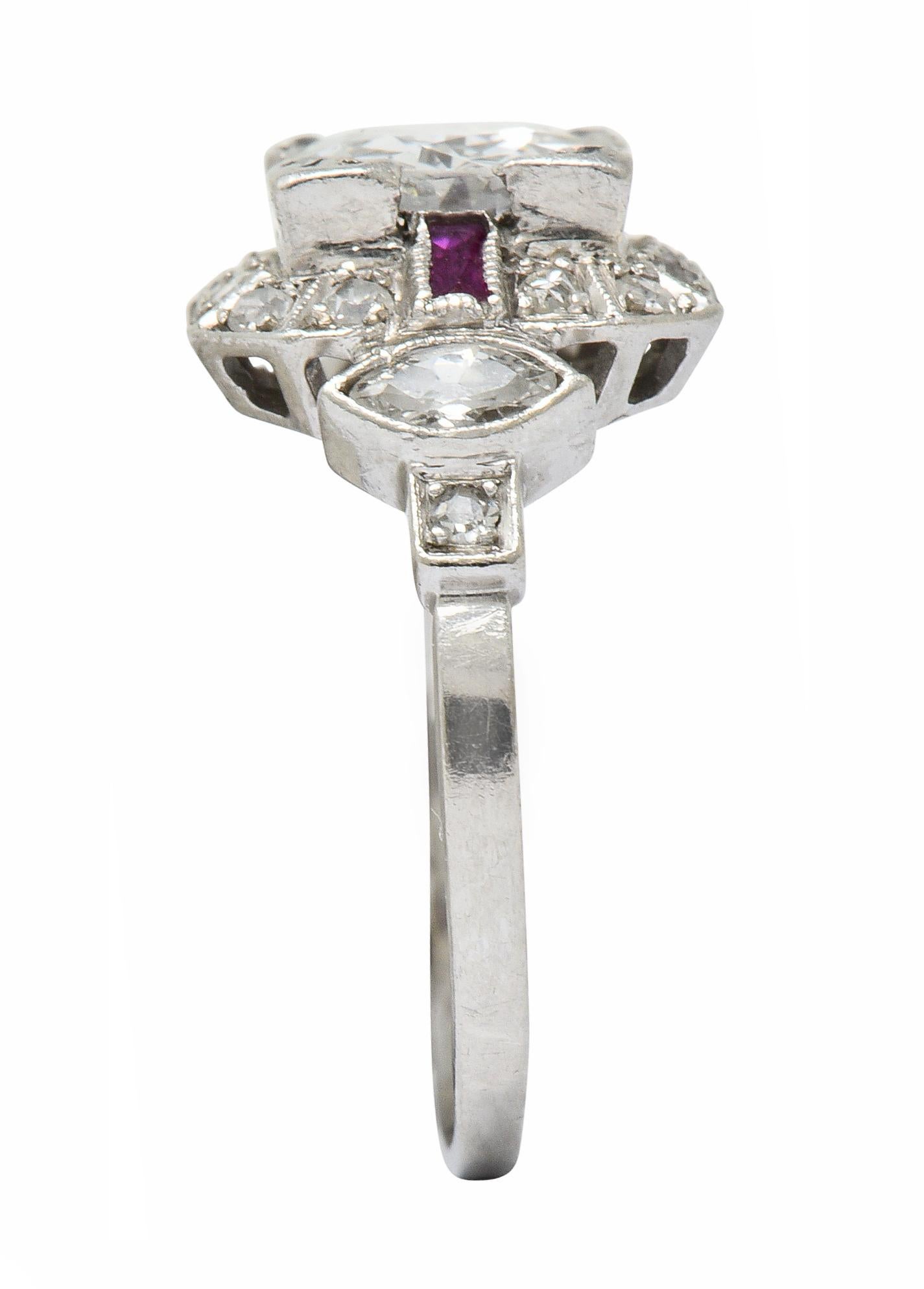 Art Deco 1.46 Carat Diamond Ruby Platinum Engagement Ring 5