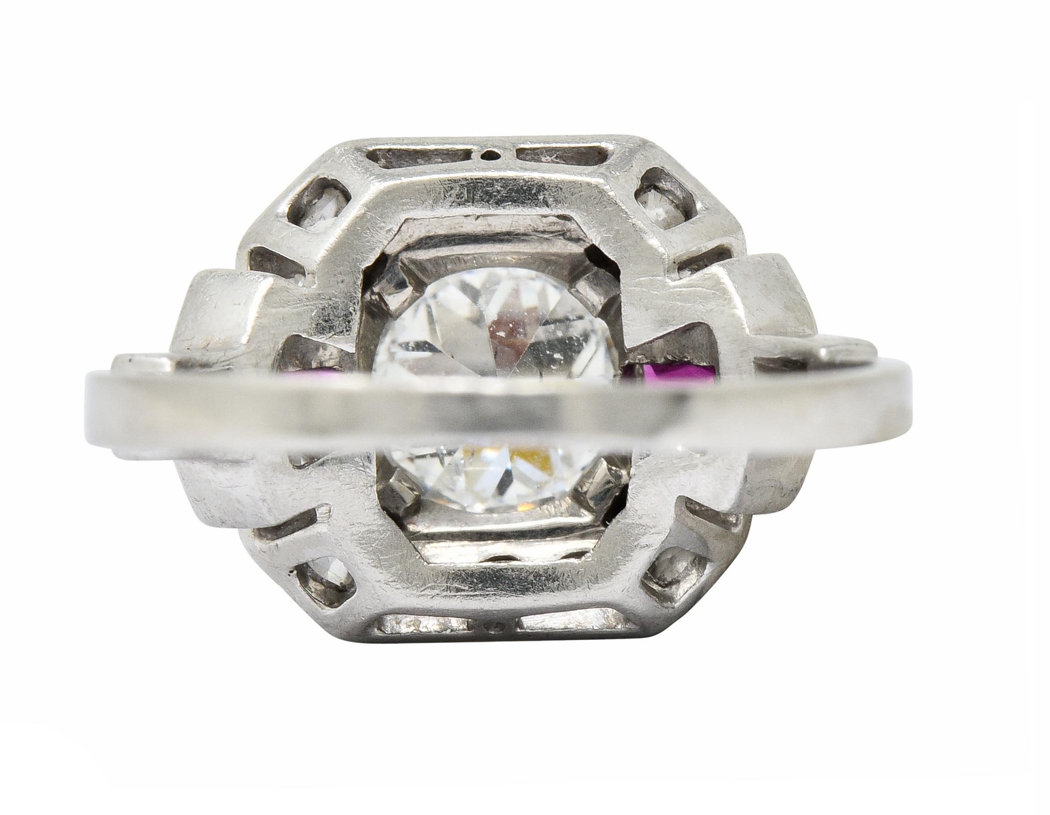 Art Deco 1.46 Carat Diamond Ruby Platinum Engagement Ring In Excellent Condition In Philadelphia, PA