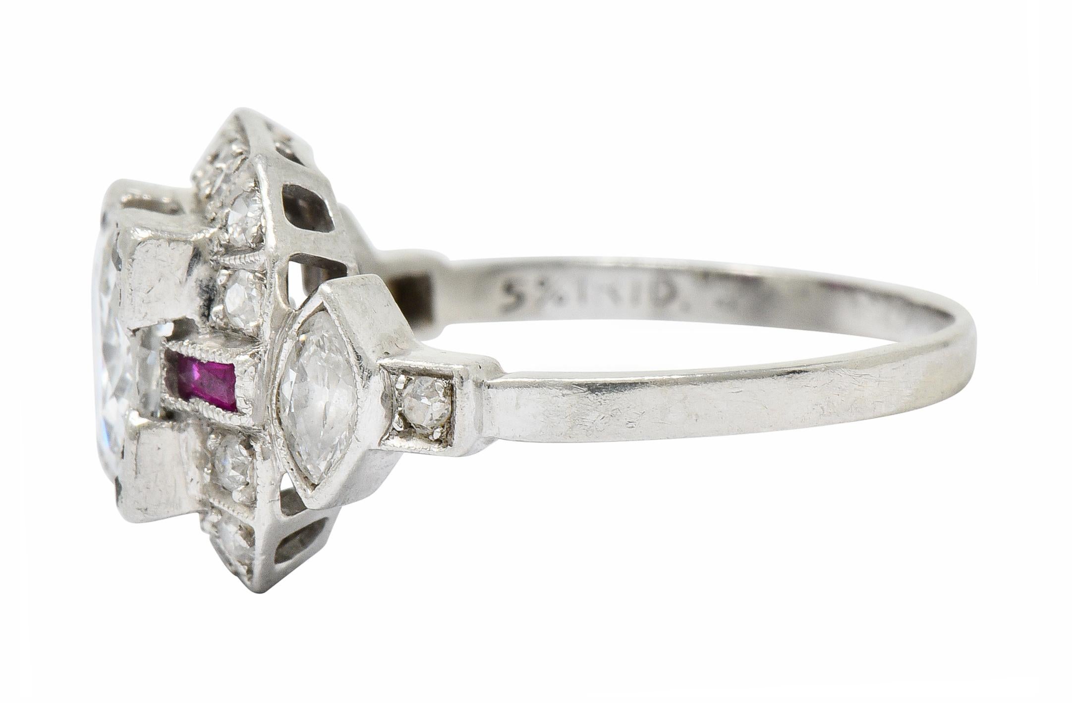 Women's or Men's Art Deco 1.46 Carat Diamond Ruby Platinum Engagement Ring