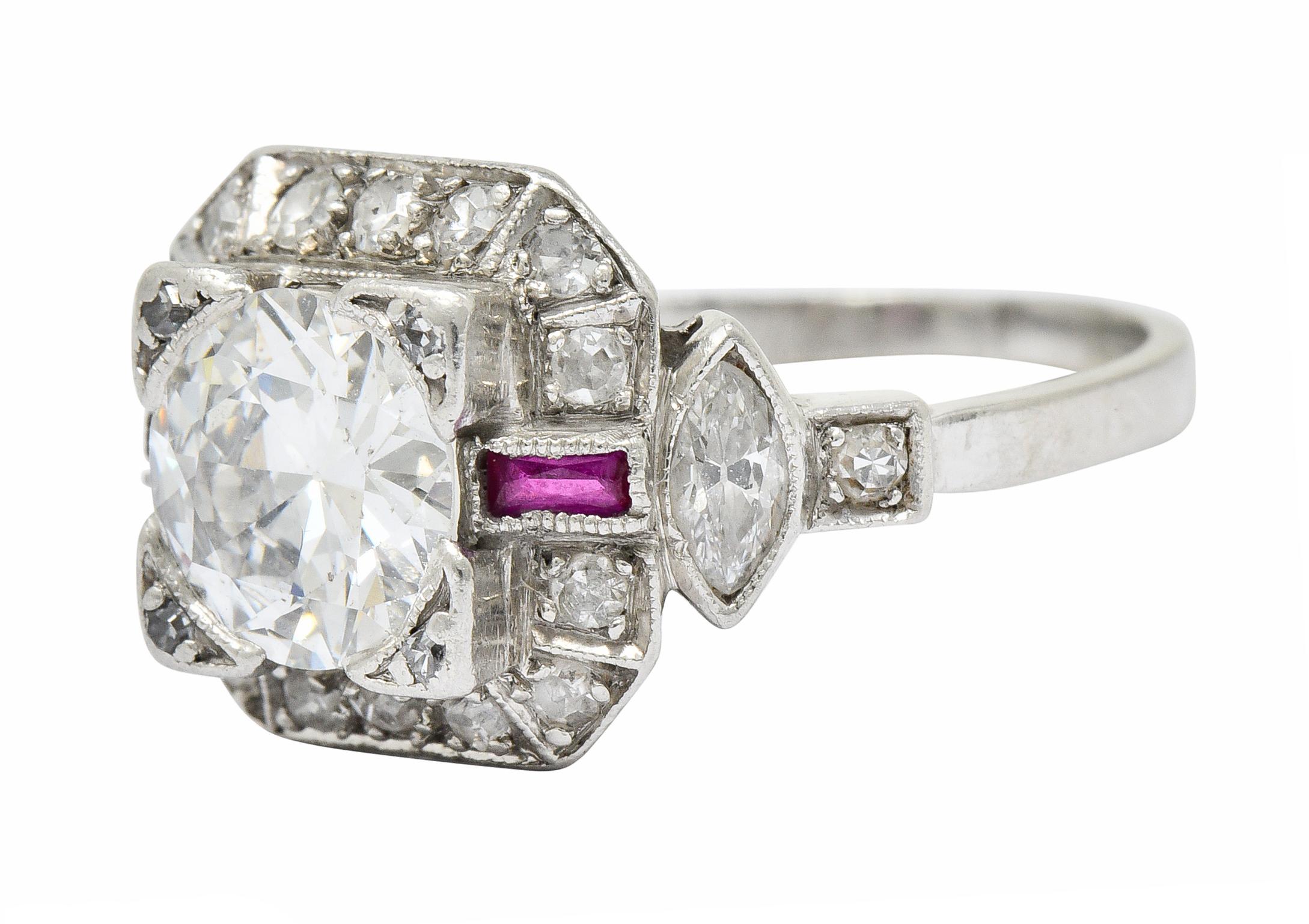 Art Deco 1.46 Carat Diamond Ruby Platinum Engagement Ring 1