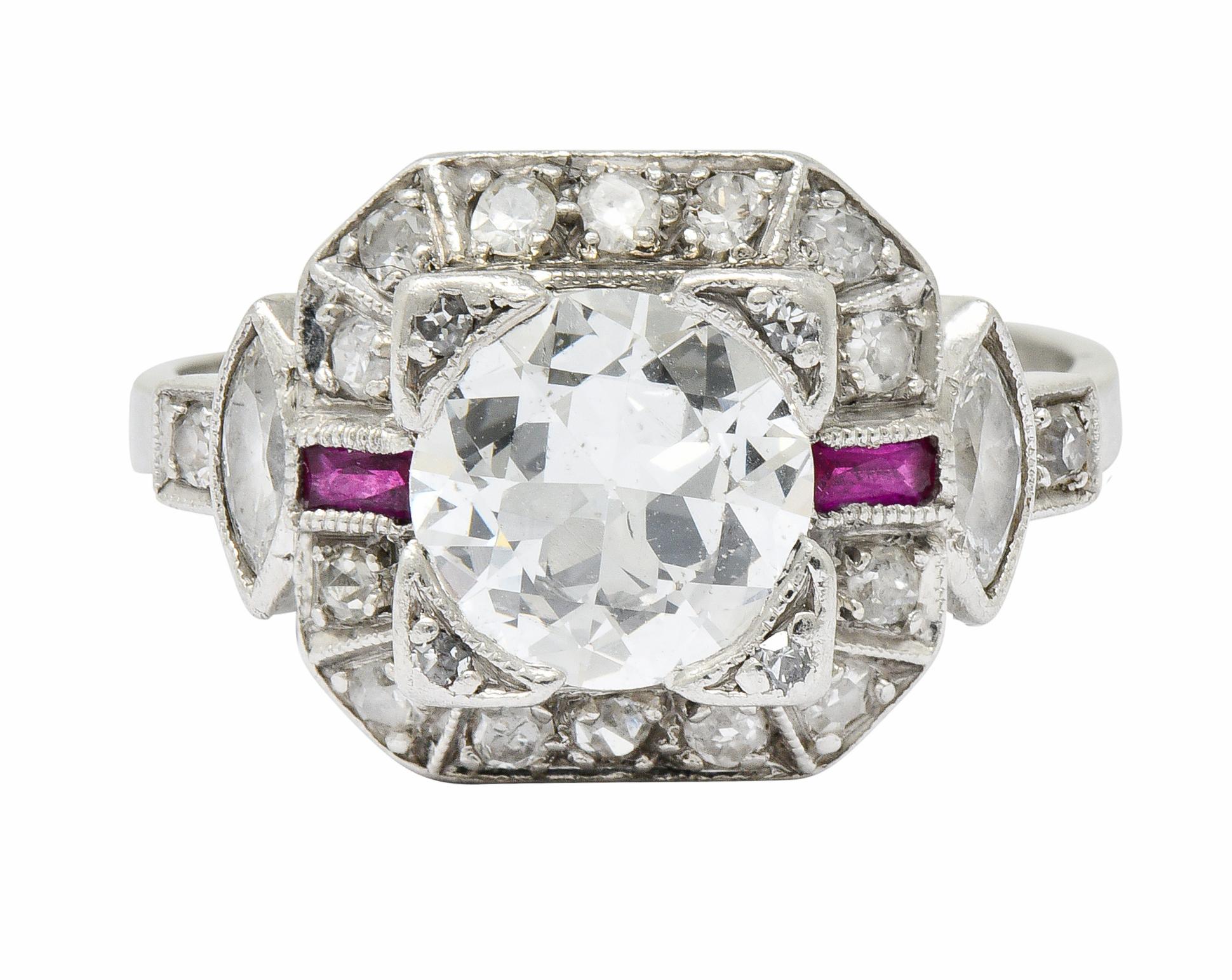 Art Deco 1.46 Carat Diamond Ruby Platinum Engagement Ring 3