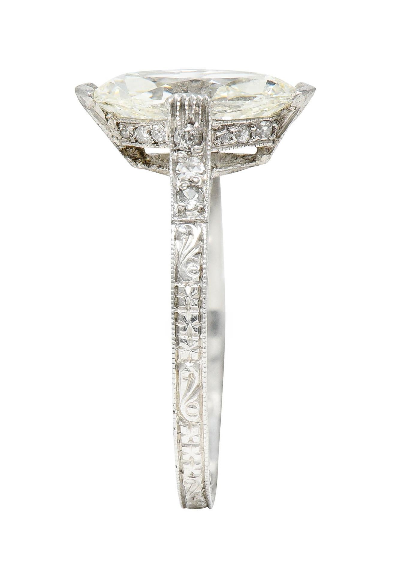 Art Deco 1.46 Carats Marquise Diamond Platinum Engraved Engagement Ring 3
