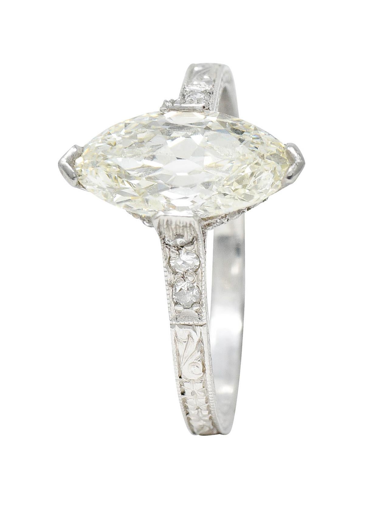 Art Deco 1.46 Carats Marquise Diamond Platinum Engraved Engagement Ring 4