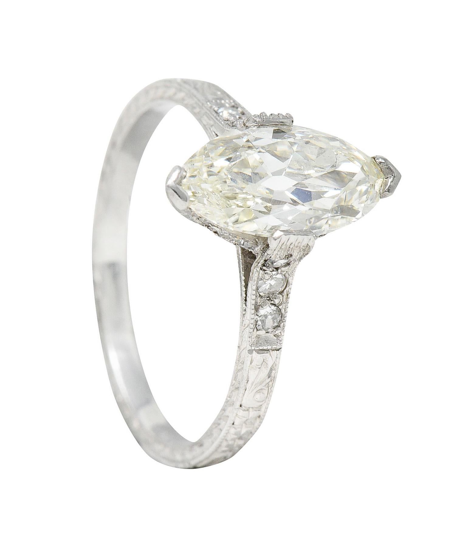 Art Deco 1.46 Carats Marquise Diamond Platinum Engraved Engagement Ring 5