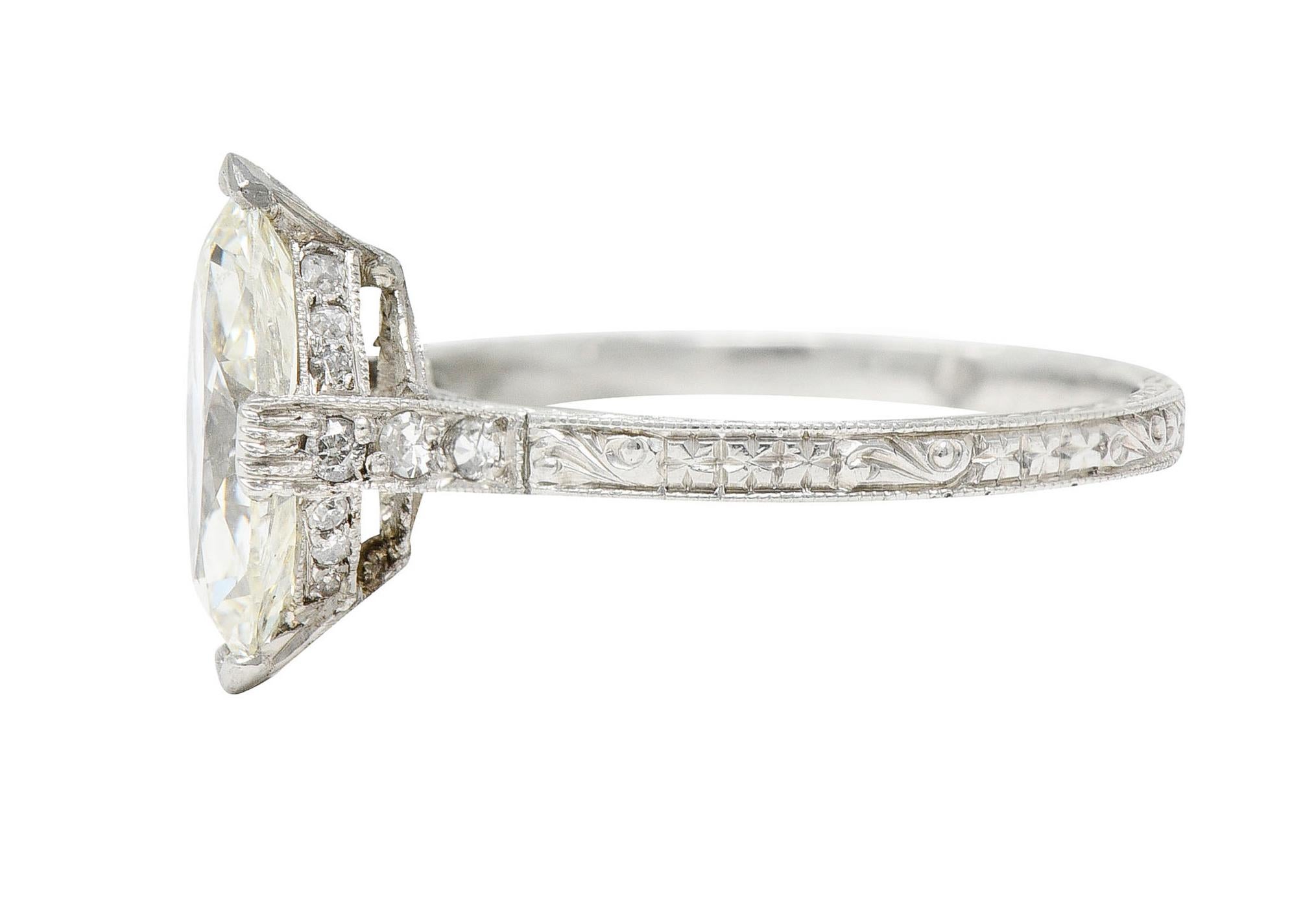 Marquise Cut Art Deco 1.46 Carats Marquise Diamond Platinum Engraved Engagement Ring