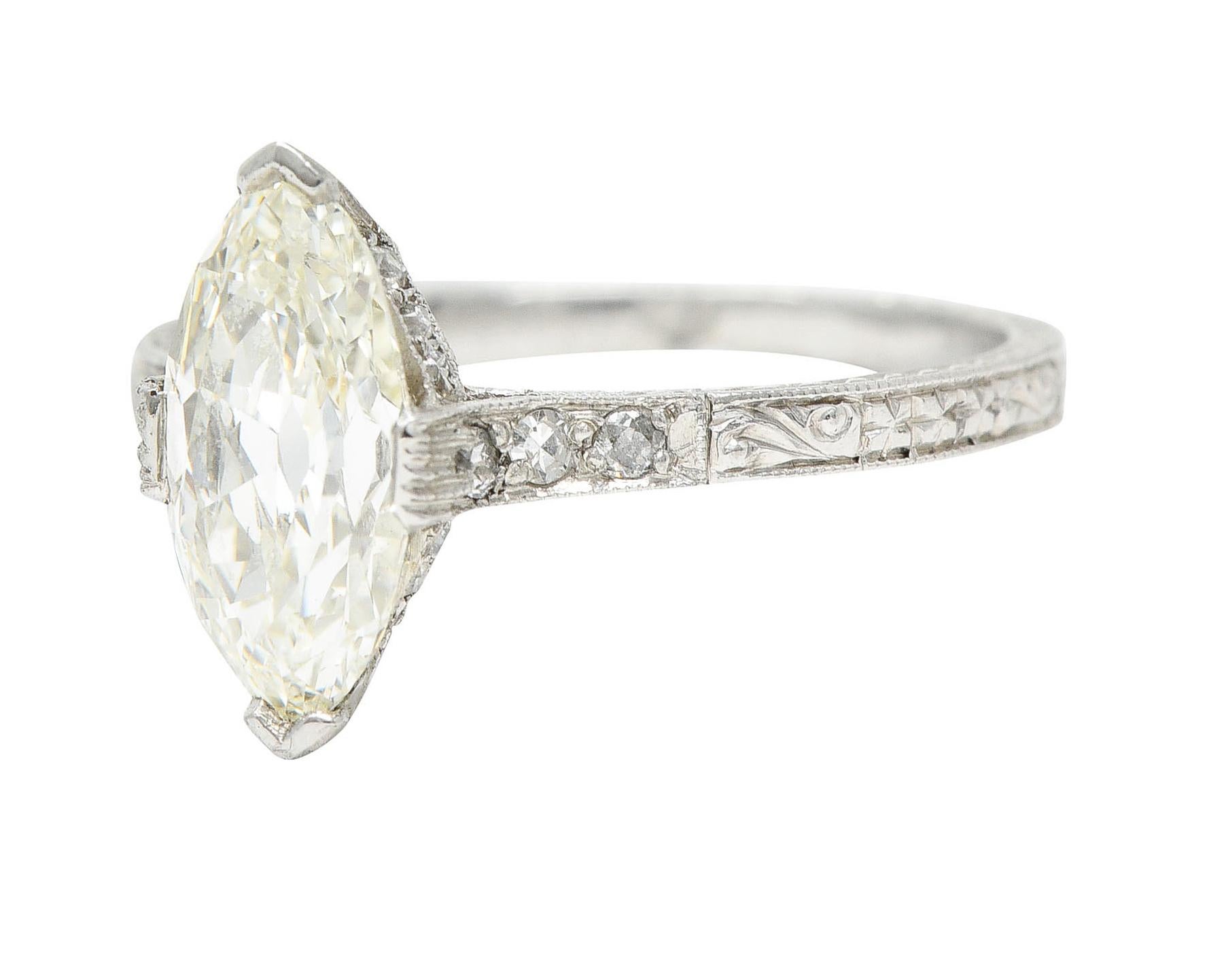 Art Deco 1.46 Carats Marquise Diamond Platinum Engraved Engagement Ring In Excellent Condition In Philadelphia, PA