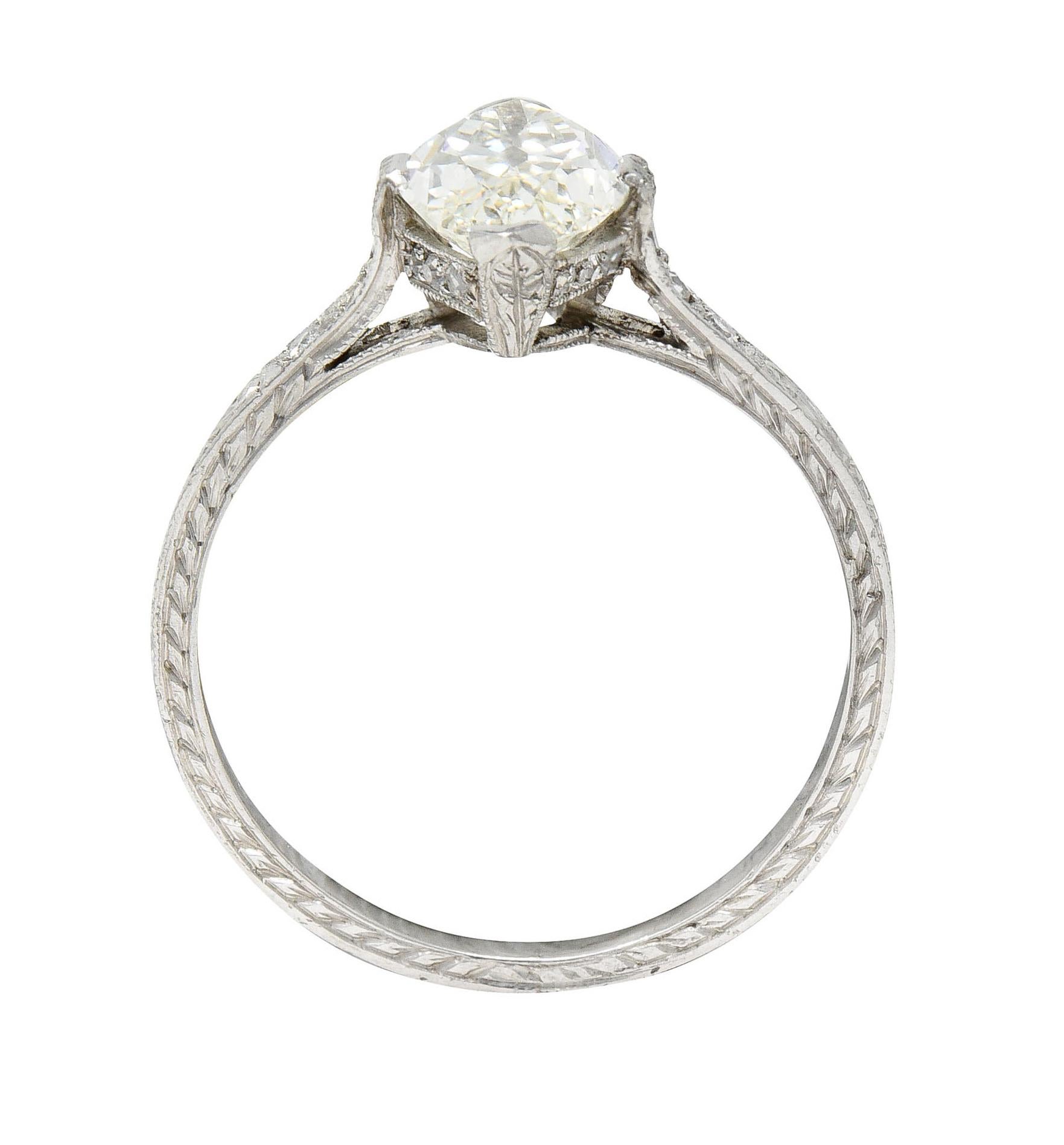 Women's or Men's Art Deco 1.46 Carats Marquise Diamond Platinum Engraved Engagement Ring