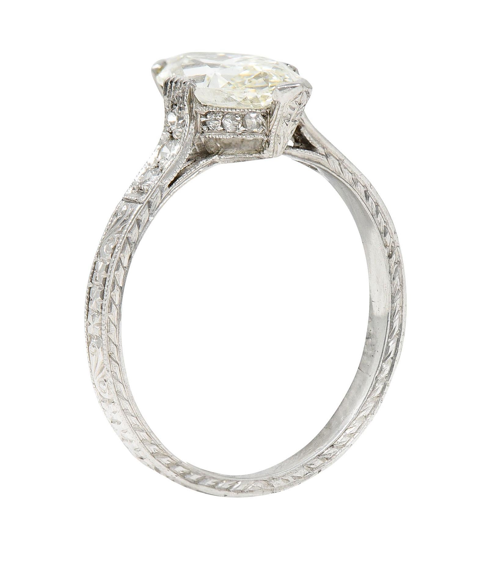 Art Deco 1.46 Carats Marquise Diamond Platinum Engraved Engagement Ring 1