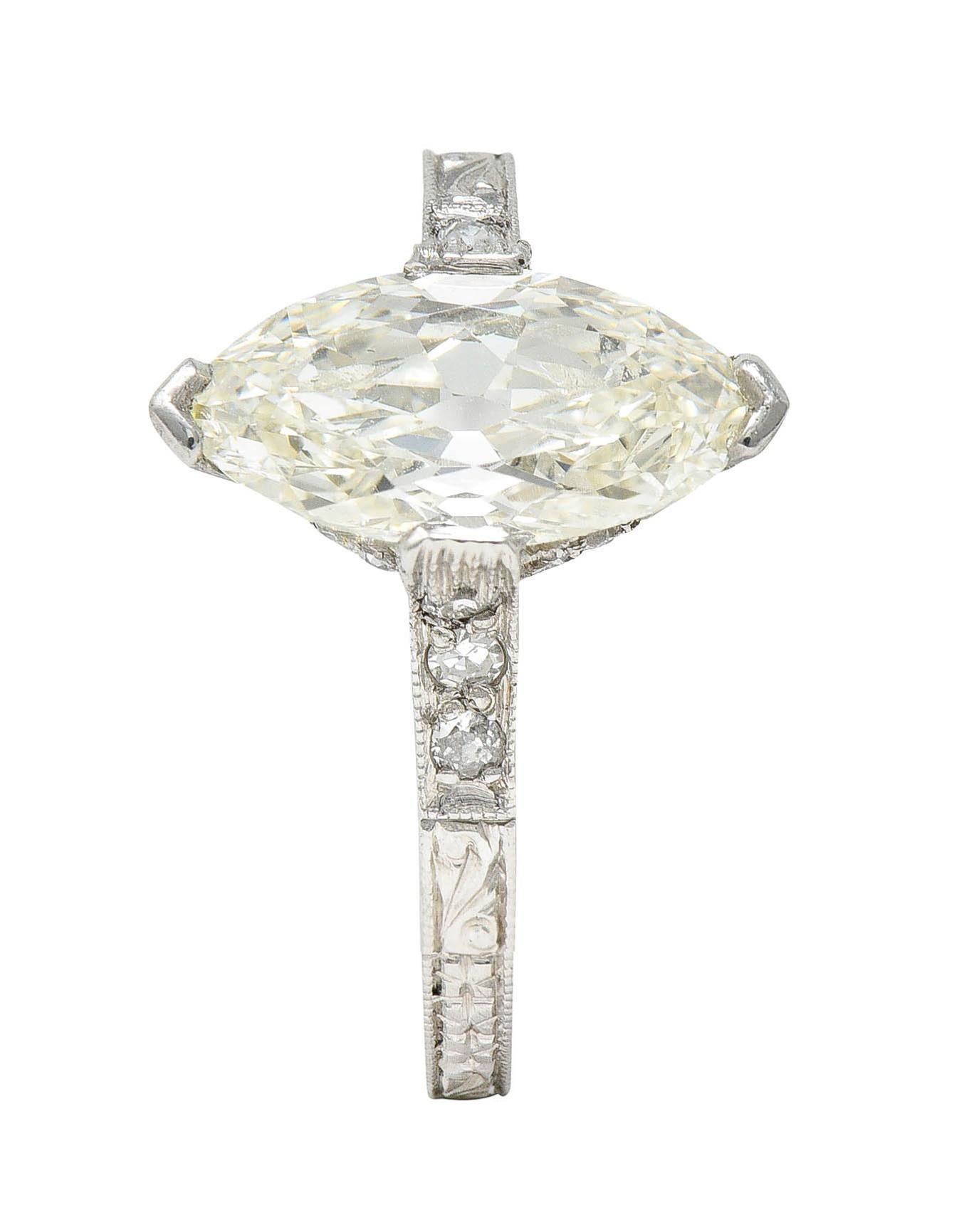 Art Deco 1.46 Carats Marquise Diamond Platinum Engraved Engagement Ring 2