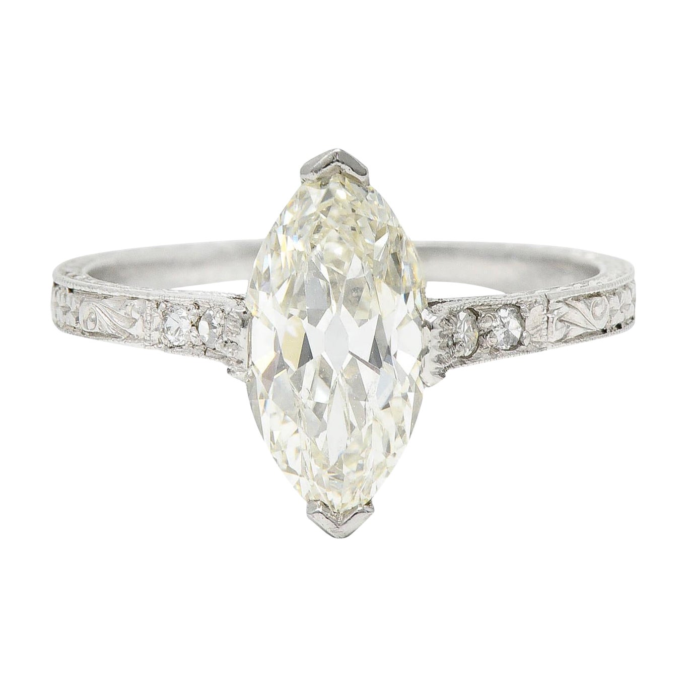Art Deco 1.46 Carats Marquise Diamond Platinum Engraved Engagement Ring