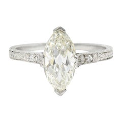 Vintage Art Deco 1.46 Carats Marquise Diamond Platinum Engraved Engagement Ring