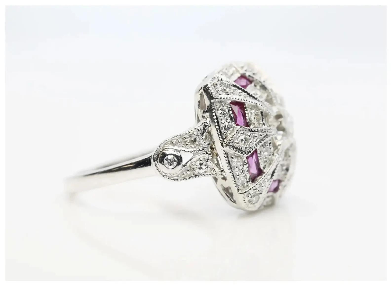 Old European Cut Art Deco 1.46 CTW Diamond & Ruby Ring in Platinum For Sale