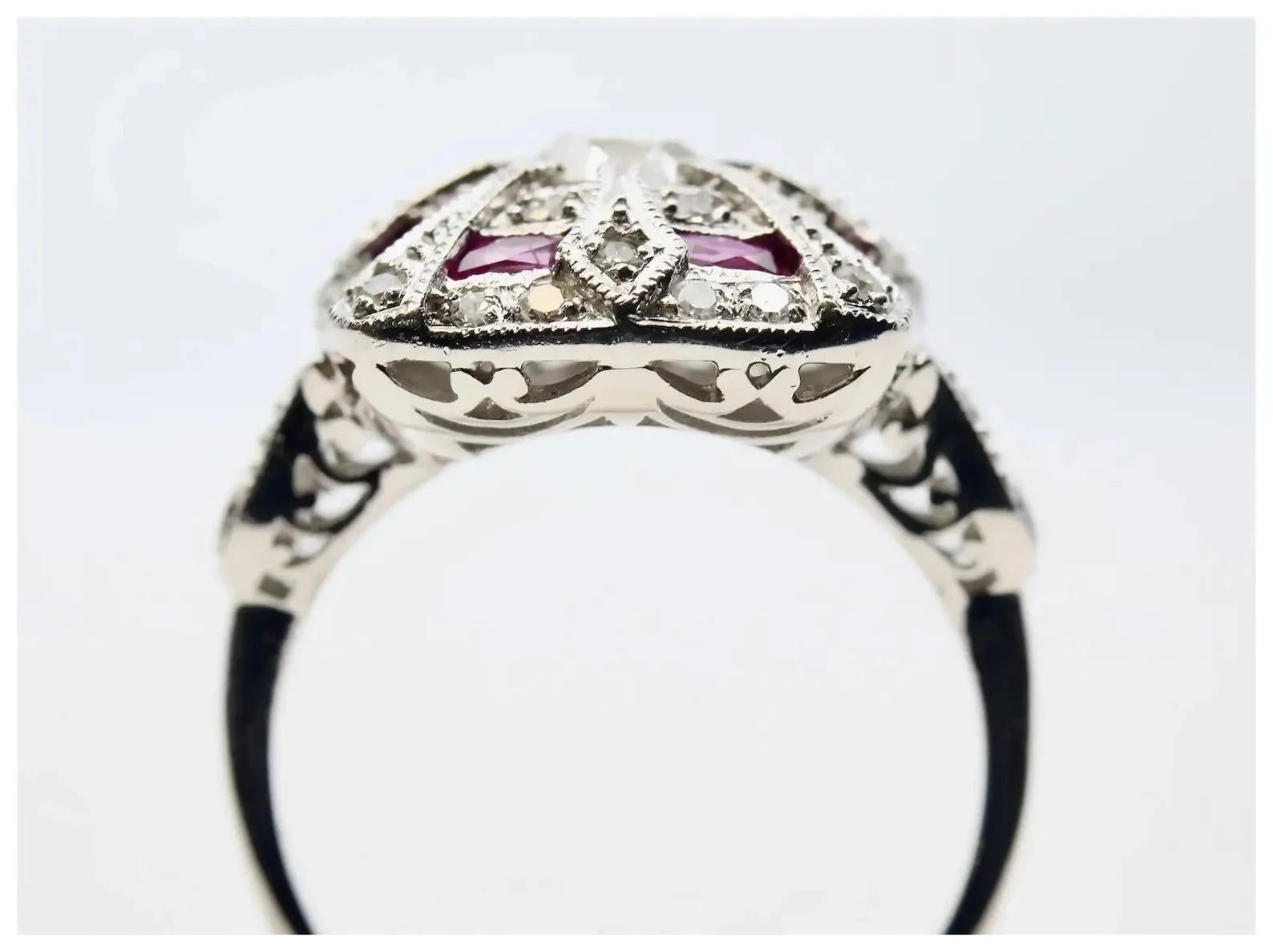 Women's Art Deco 1.46 CTW Diamond & Ruby Ring in Platinum For Sale