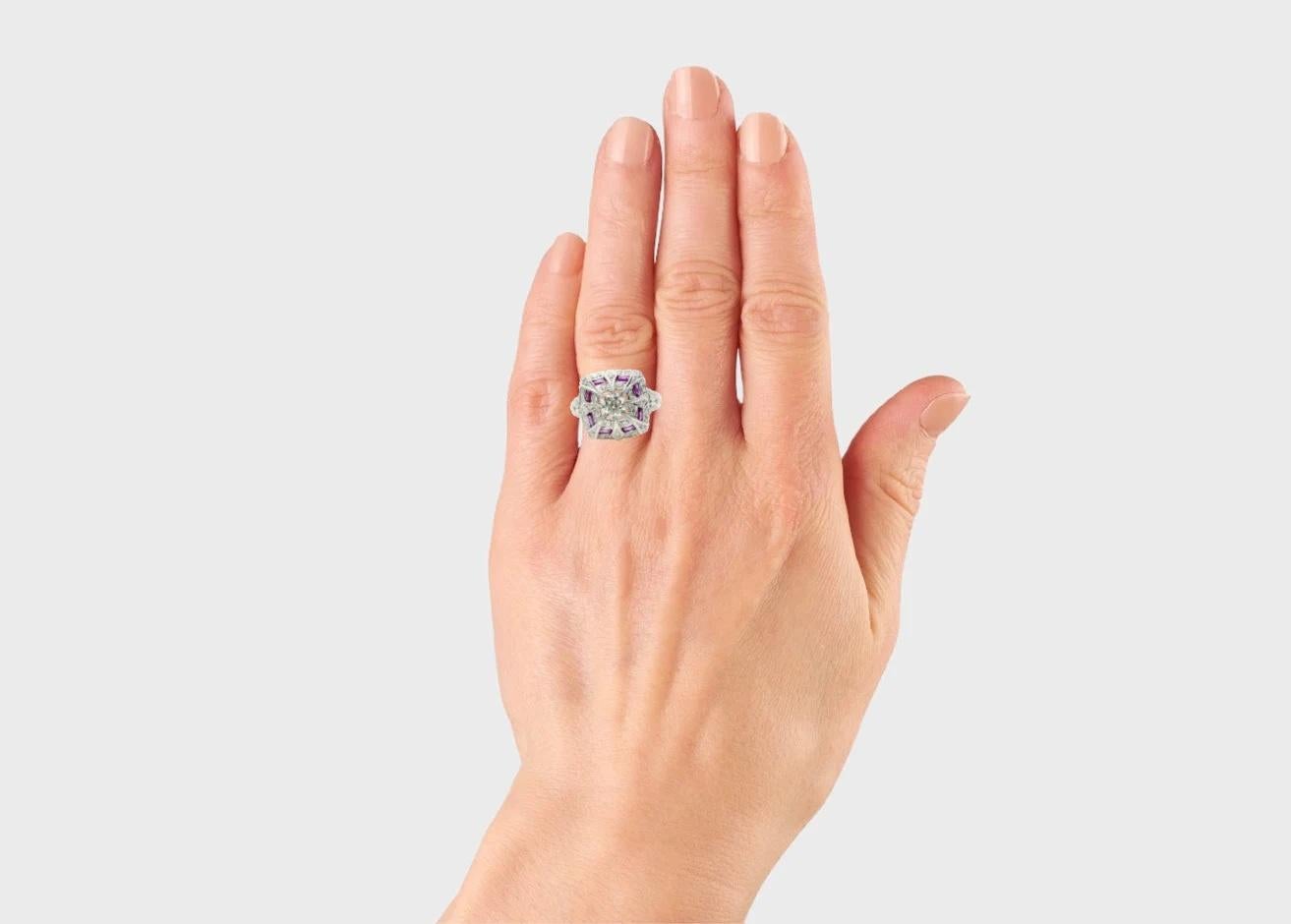 Art Deco 1.46 CTW Diamond & Ruby Ring in Platinum For Sale 1