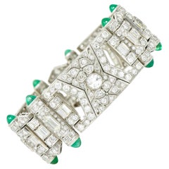 Art Deco 14.85 Carats Old European Cut Diamond Emerald Platinum Floral Bracelet