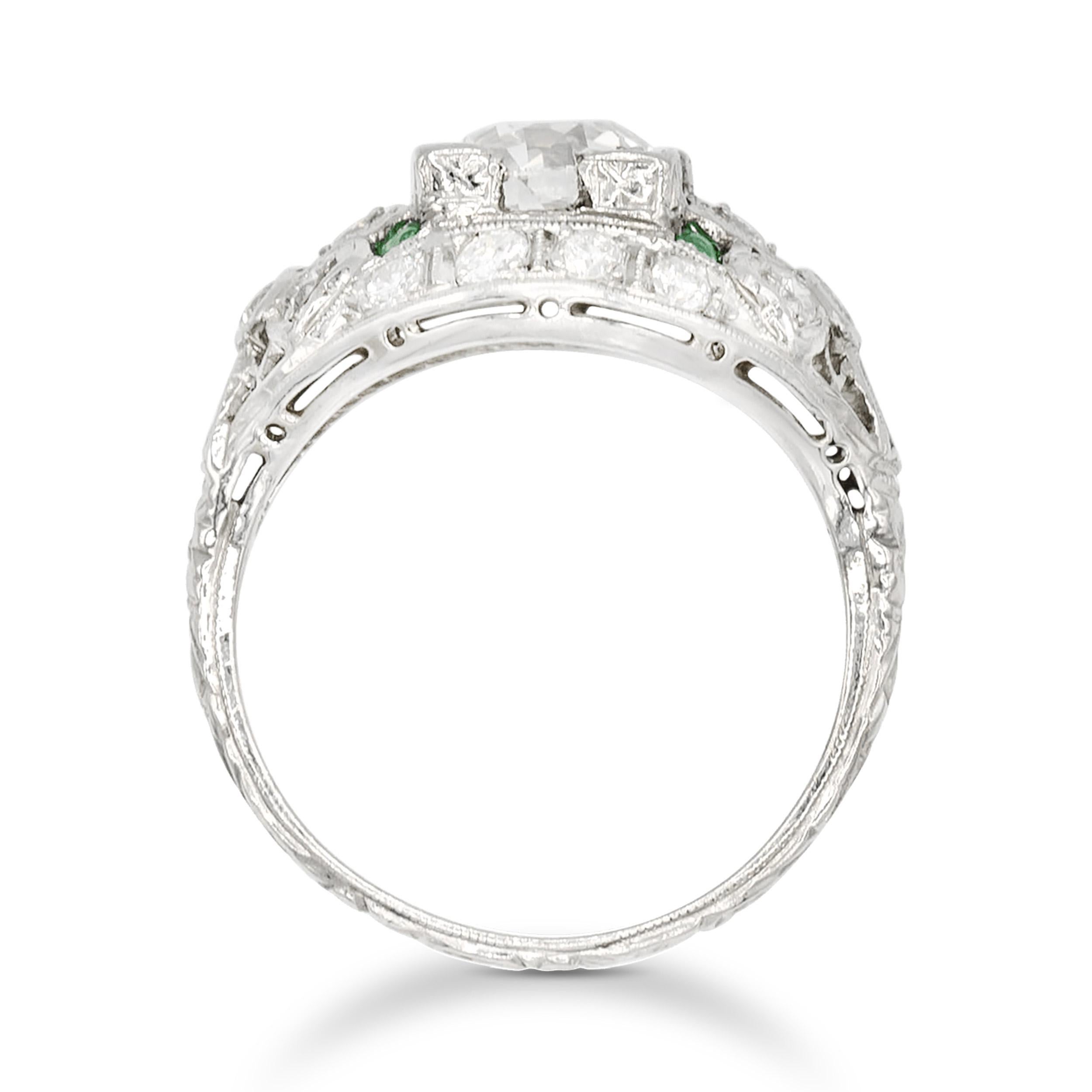 Old European Cut Art Deco 1.49 Ct. Diamond and Emerald Engagement Ring GIA J SI2, Platinum For Sale