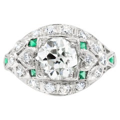Art déco 1,49 Karat Verlobungsring mit Diamant und Smaragd, GIA J SI2, Platin