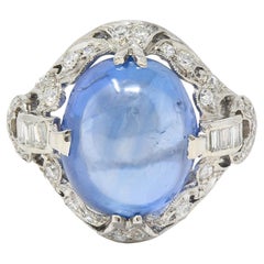 Bague de soirée Art déco avec boucle en platine, saphir de Ceylan 14,90 carats et diamants