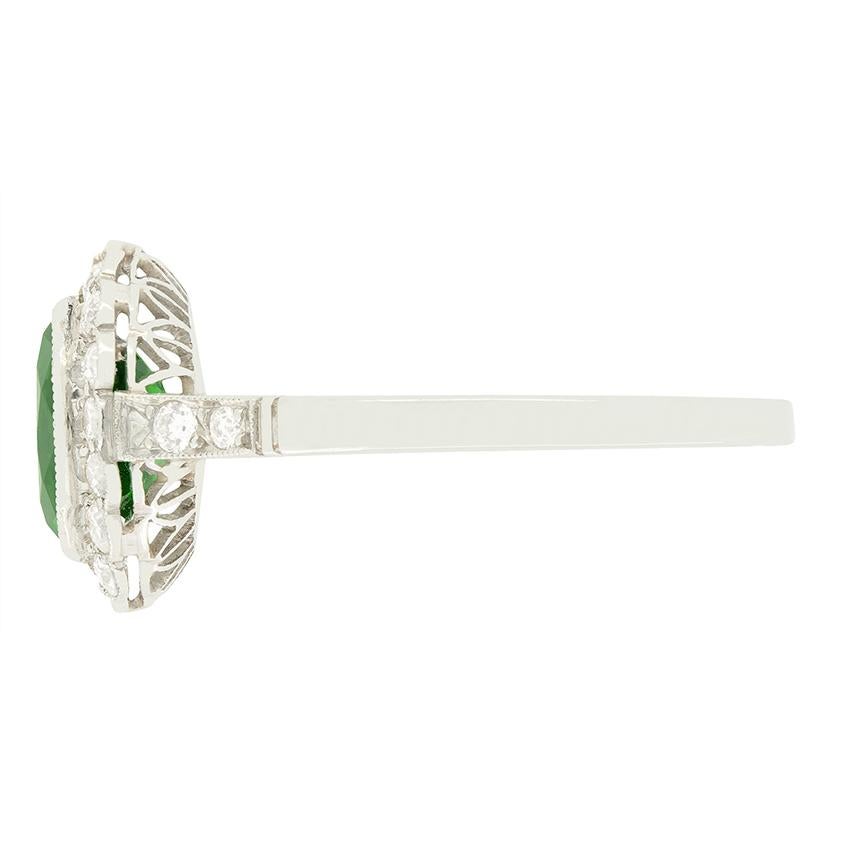 Oval Cut Art Deco 1.49ct Tourmaline and Diamond Cluster Ring, c.1920s For Sale