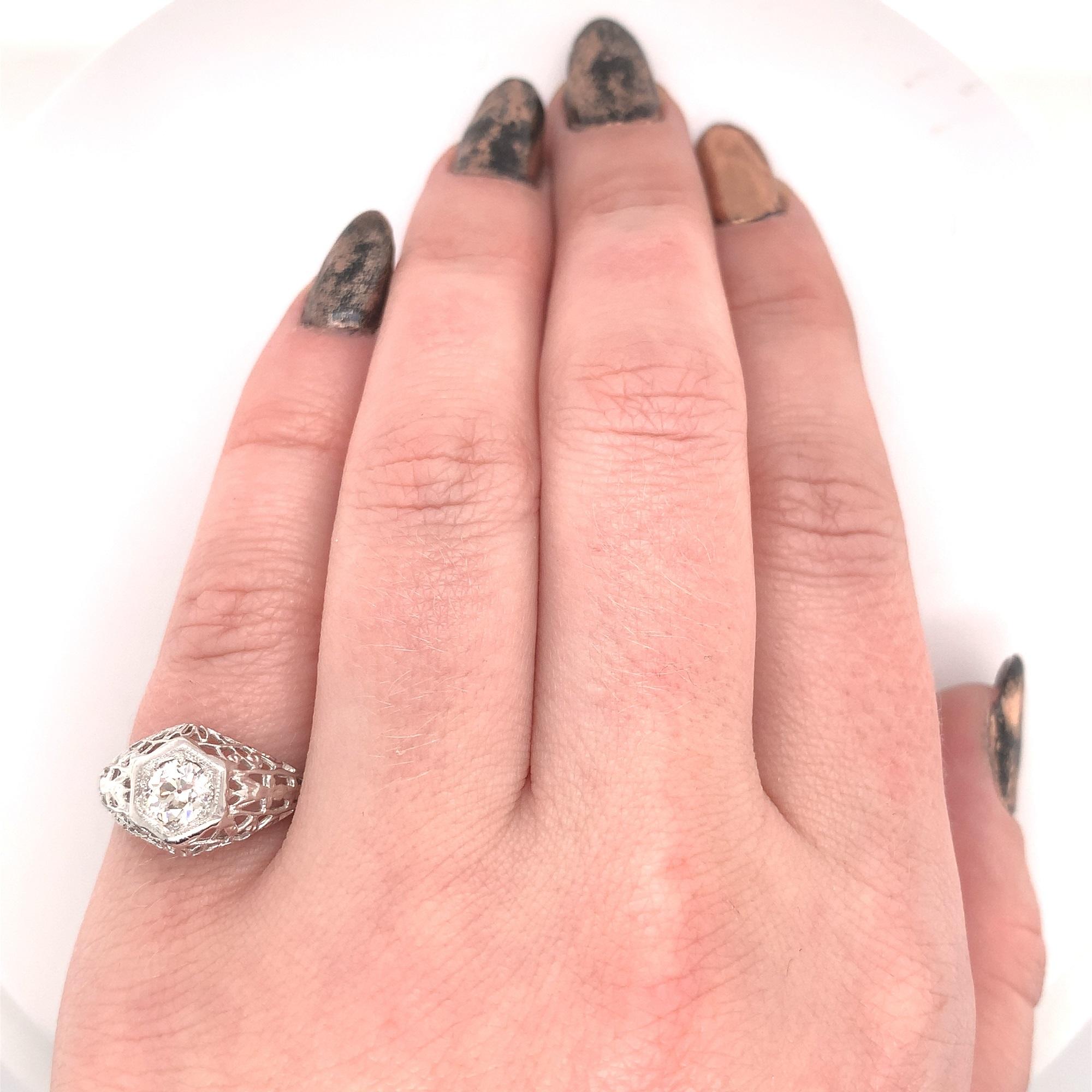 Women's Art Deco 14K 1/2 ct Diamond Filigree Ring For Sale