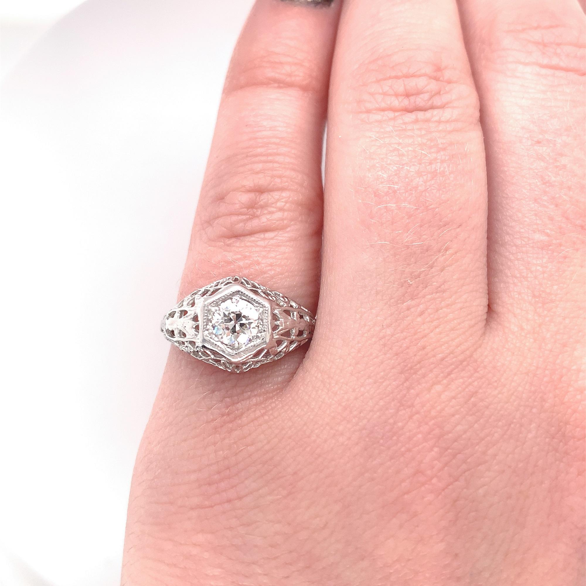 Art Deco 14K 1/2 ct Diamond Filigree Ring For Sale 1