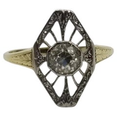 Art Deco 14k 2Tone Gold Hand Engraved Diamond Ring with Old European Cut Diamond