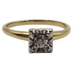Anillo Art Déco de oro de 14k en dos tonos, grabado a mano, con un diamante de talla europea antigua