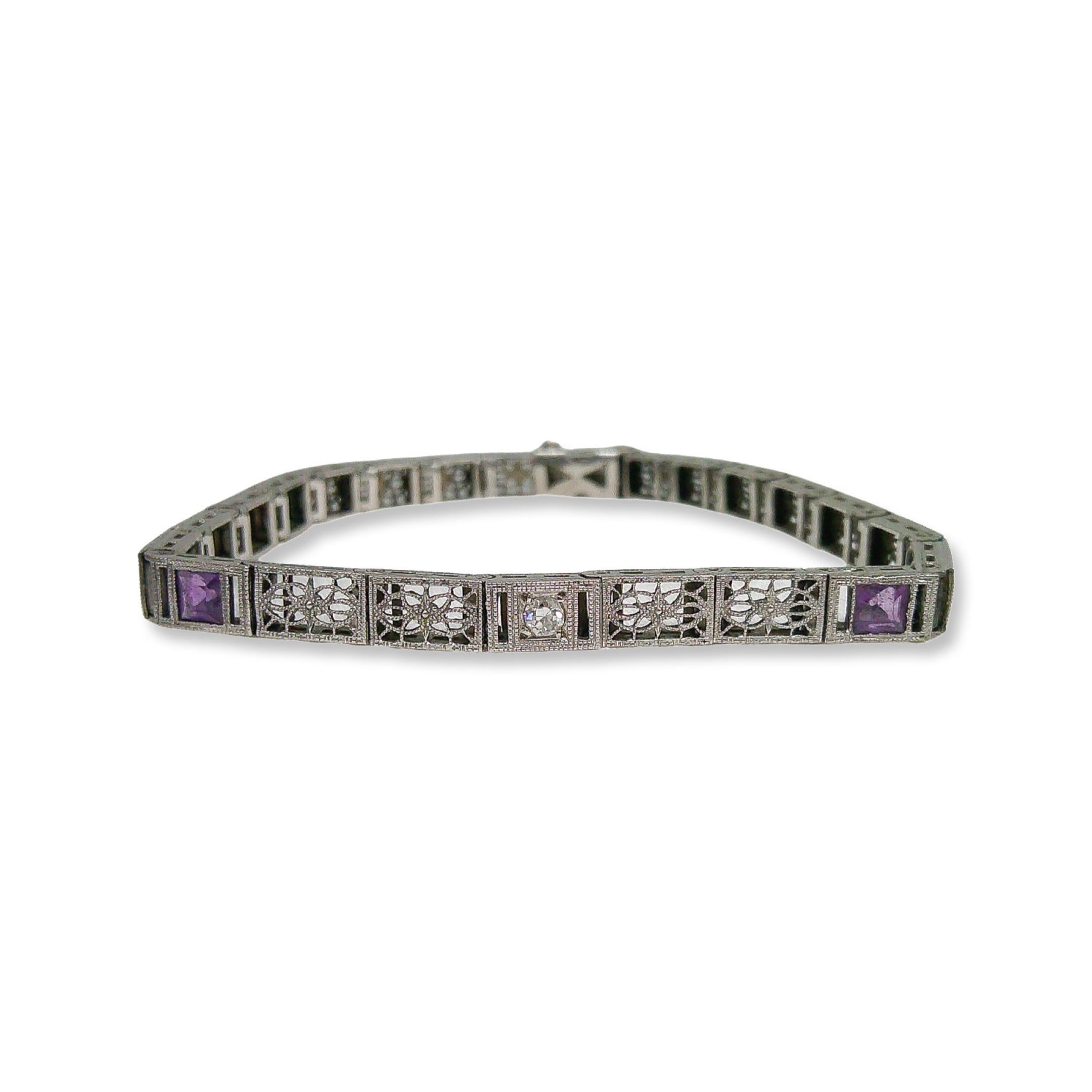 Single Cut Art Deco 14k Amethyst Filigree Bracelet For Sale